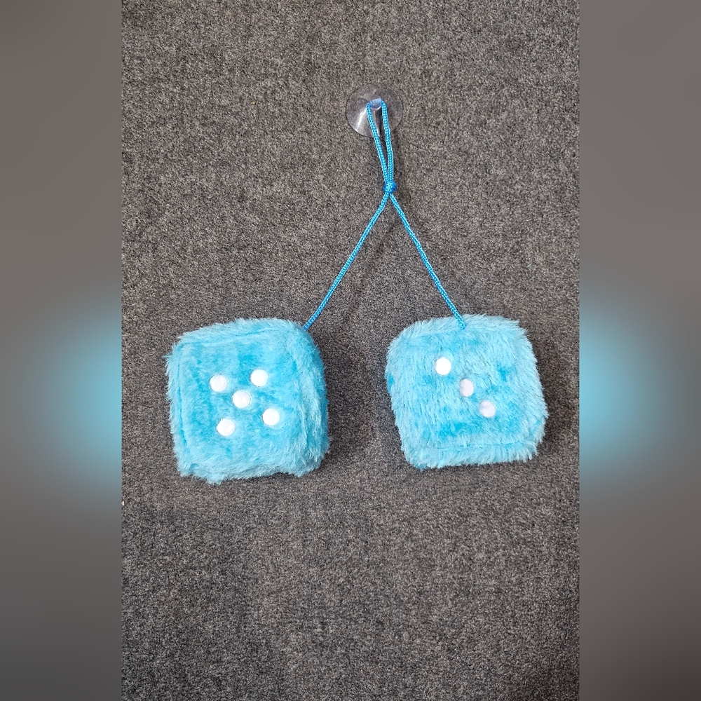 Fluffy Blue Dice Car Mirror Hanging Accessory - Picture 3 of 4